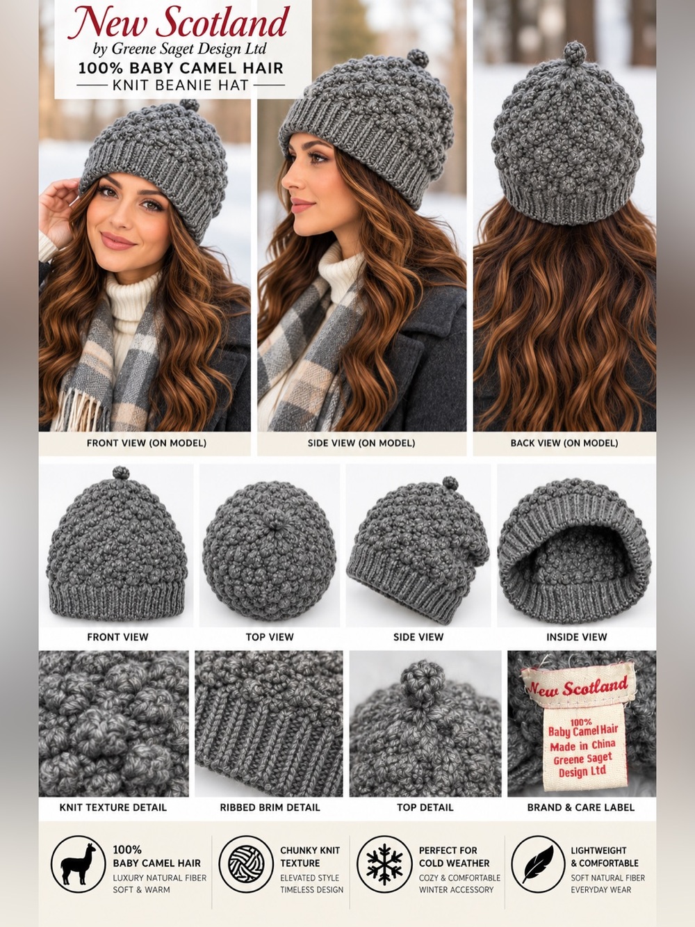 New Scotland 100% Baby Camel Hair Gray Chunky Knit Beanie Hat Greene Saget